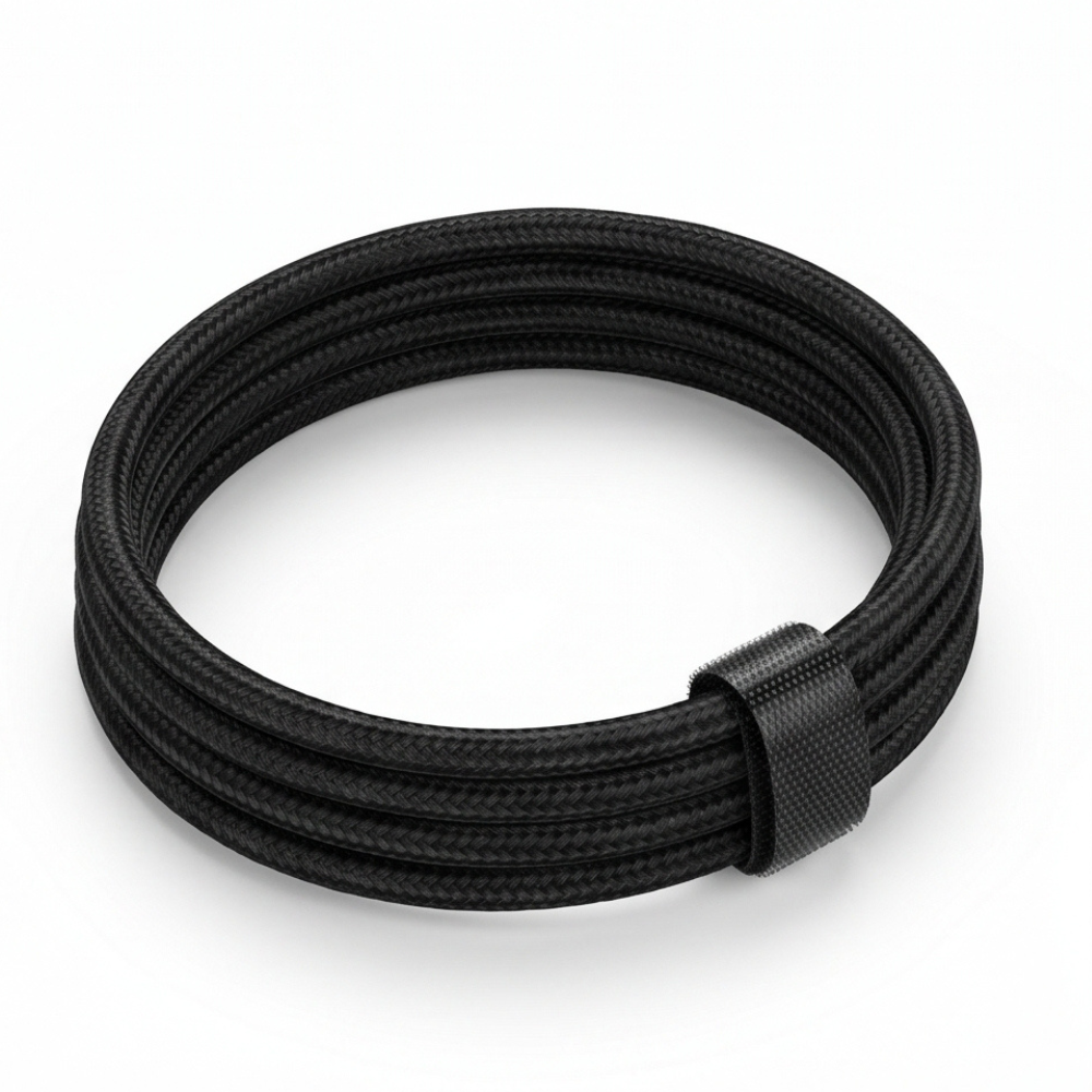 3-in-1 AUX cable coiled in a circle on white background