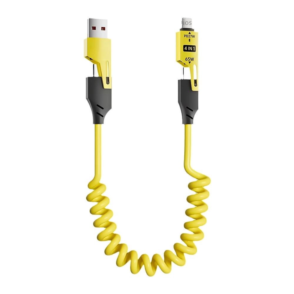 (4-in-1, Type C, PD 65W, Fast Charging, Spring Cable, iPhone 16/15, USB A, Lightning, Data Transfer) PD 65W Fast Charging USB to Type-C Cable with Lightning/Micro/USB-A Adapters, 480Mbps Data Transfer, Multi Adjustable Charger for iPhone 16/15 & Android