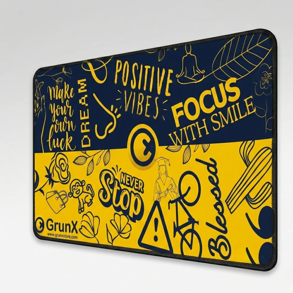 GrunX Swift Speed Anti-Slip Rubber Mouse Pad with Motivational Quotes – Navy Blue and Yellow Doodle Design, Focus With Smile, Positive Vibes, Never Stop