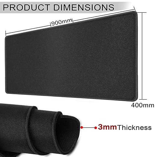 XXL extended gaming mouse pad product dimensions 900mm x 400mm with 3mm thickness shown with rolled view