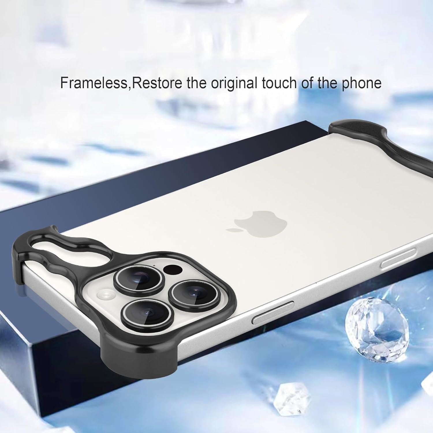 Case and Cover iPhone 15 Pro  Black Frameless metallic bumper case on a silver iPhone with triple camera lens Alien GrunX in India