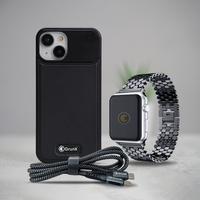 Black Minimal - A combo of iPhone case, Watch strap and Charging cable
