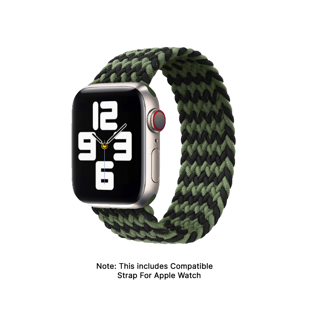 Watch Strap and Watch Band Apple Apple Watch Series 9, 8, 7, 6, 5, 4, 3, 2, 1,Se, Ultra & Ultra 2 38/40/41mm 42/44/45/49mm Green Black Front View Smartwatch Braided With Woven Design Dubai GrunX in India