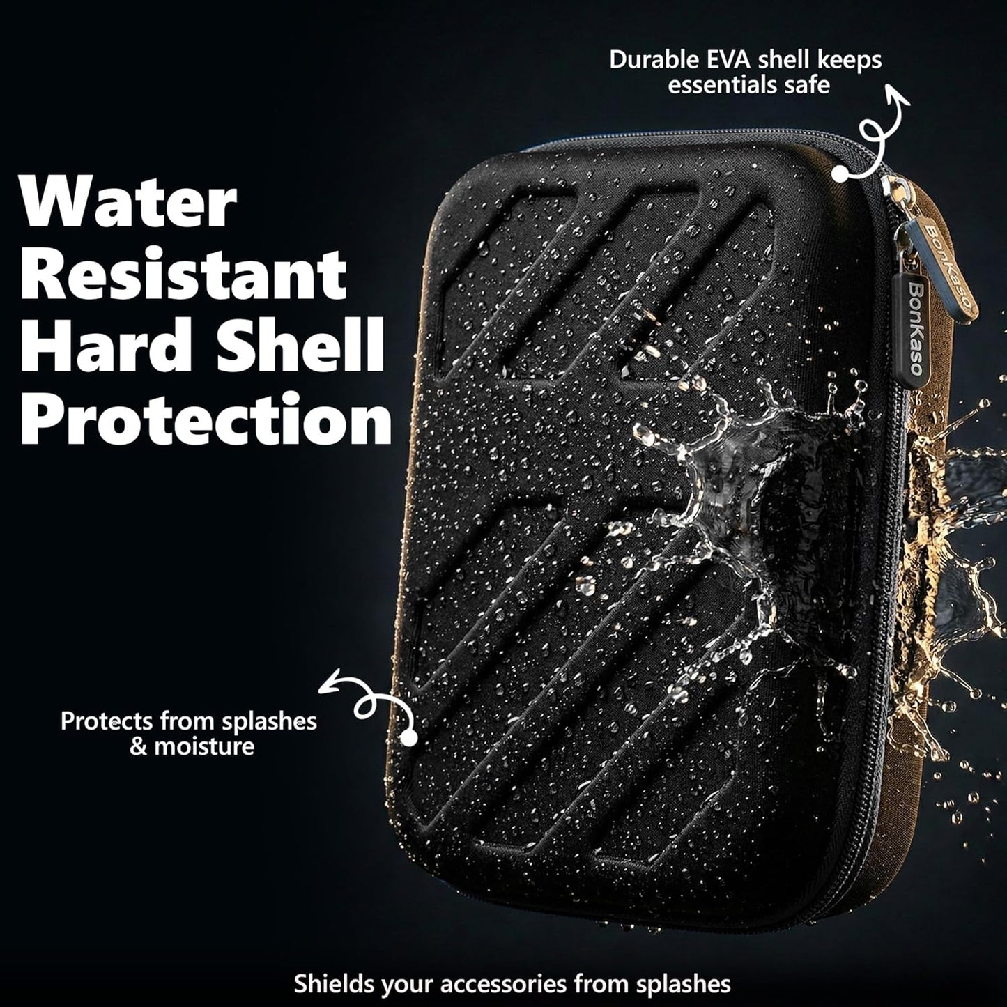 water resistant hard shell EVA tech organizer case, protects accessories from splashes and moisture