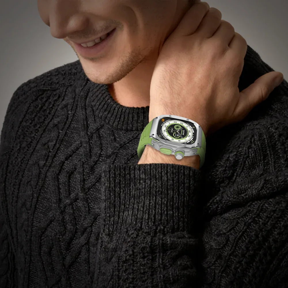 GRUNX Earth Apple Watch Ultra case 49mm titanium finish close-up scratch-proof protective case detail green strap