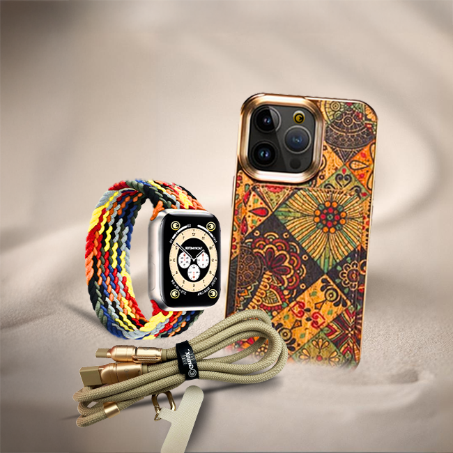 Elegant Her - Designer iPhone Case + Nylon Braided Apple Watch Strap + Charging Cable | Tech Accessory Bundle