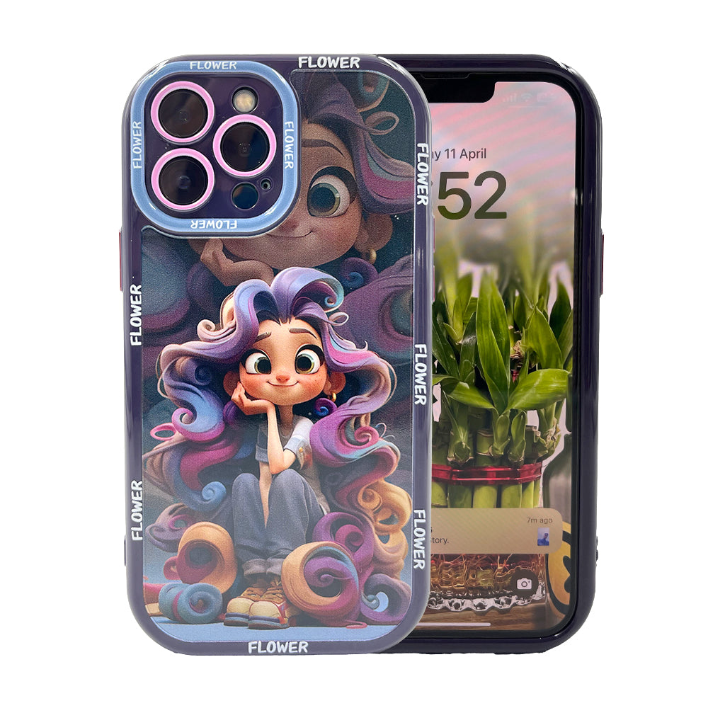 Case and Cover iPhone 14, 14 Plus, 14 Pro, 14 Pro Max Purple Womnan Holding Phone Showing Back View Emma GrunX in India