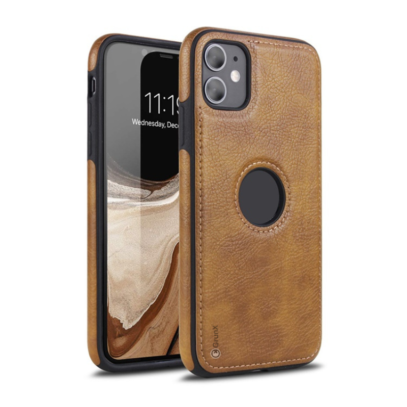 Ferrari Vintage Stitch Premium Leather Case in Tan Brown for iPhone 12 Pro, showcasing the classic stitched design and magnetic ring for a premium, protective look.