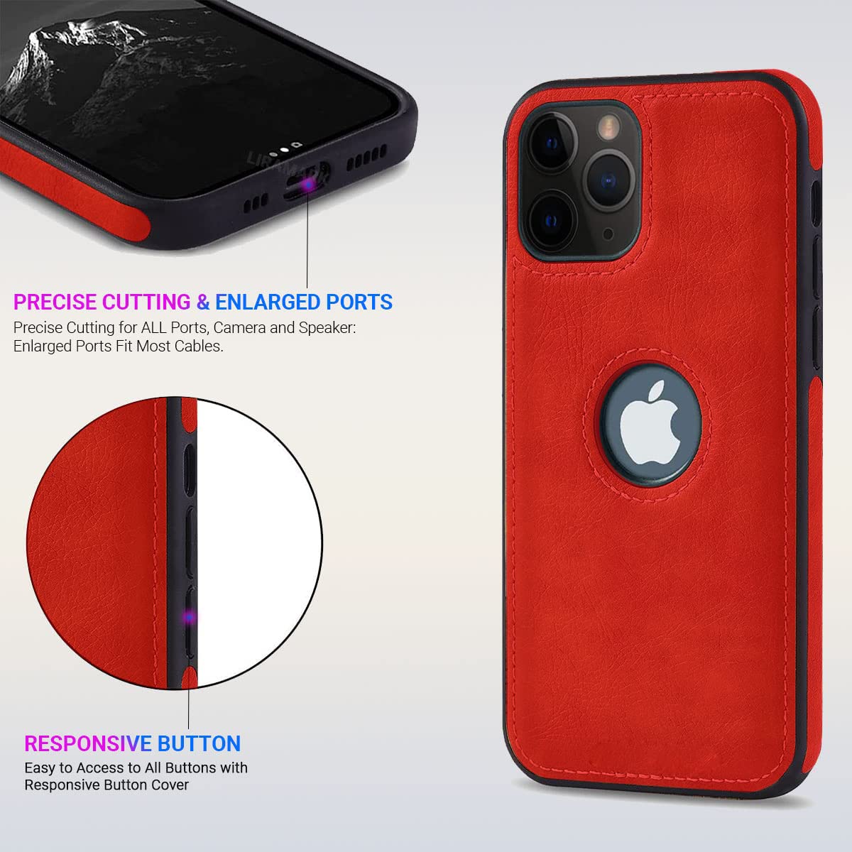 Case highlighting Precise Cutting & Enlarged Ports for charging and speakers, and Responsive Buttons for optimal function on the iPhone 15 series