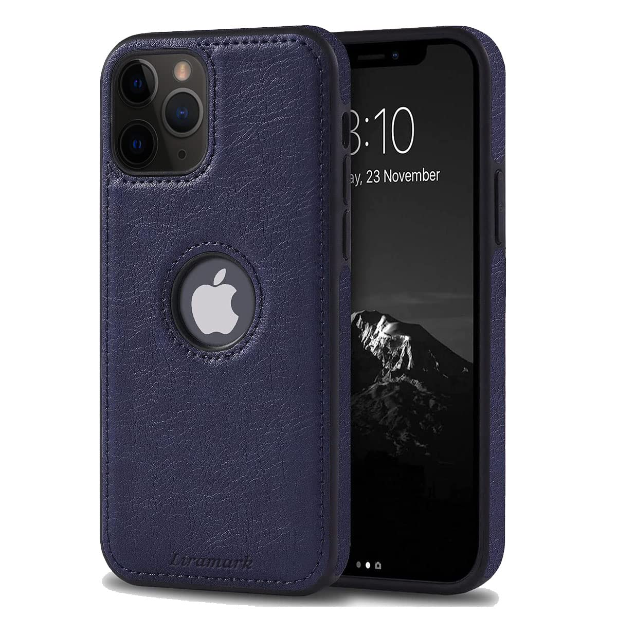Blue Ferrari Vintage Leather Case highlighting Precise Cutting & Enlarged Ports for charging and speakers, and Responsive Buttons for optimal function on the iPhone 15 series