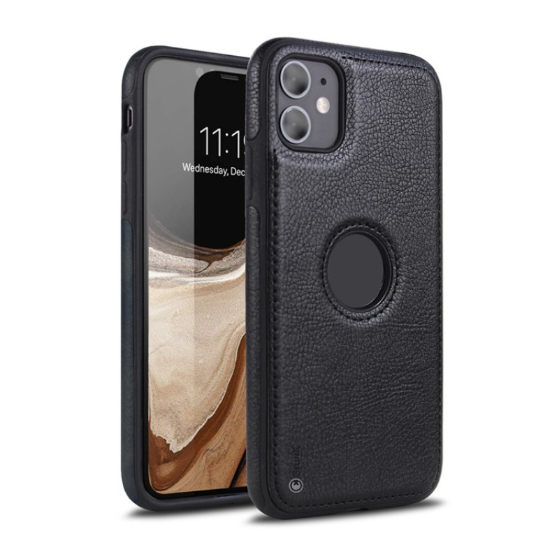 Diagram illustrating the Ferrari Vintage iPhone Case construction: a dual-layer design using durable PU Leather exterior and a shock-absorbing Flexible TPU bumper.