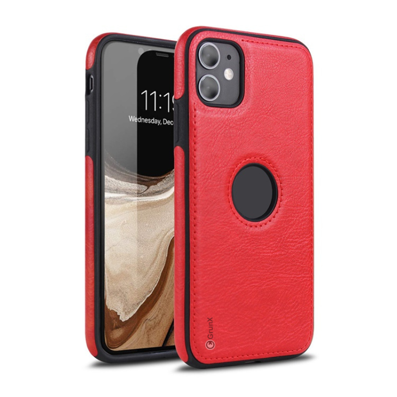 Red Ferrari Vintage Leather Case highlighting Precise Cutting & Enlarged Ports for charging and speakers, and Responsive Buttons for optimal function on the iPhone 13 Pro.
