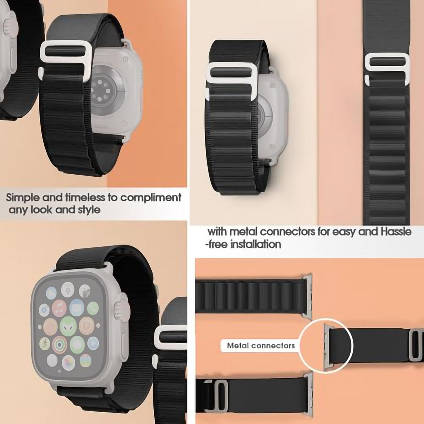 Watch Strap and Watch Band Apple Apple Watch Series 9, 8, 7, 6, 5, 4, 3, 2, 1,Ultra & Ultra 2 38/40/41mm 42/44/45/49mm Black Light Weight Nylon Braided Loop Game GrunX in India