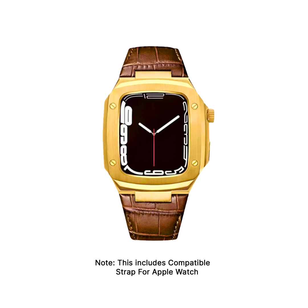 Watch Strap and Watch Band Apple Apple Watch Series 9, 8, 7, Ultra & Ultra 2 44mm Brown Gold Front View Smartwatch Golden GrunX in India