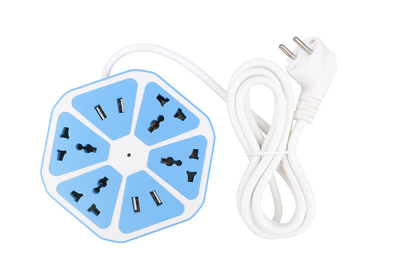 Side-angle image showing sleek black finish, widely spaced sockets, and durable extension cord attachment