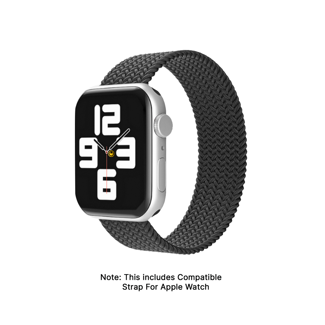 An Apple Watch featuring a sleek black band and clear white text, showcasing stylish Apple Watch straps