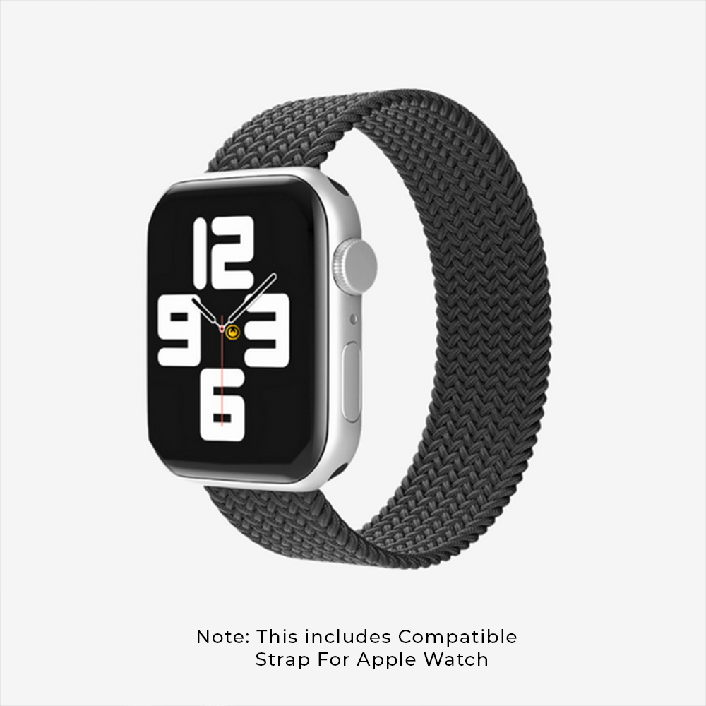 An Apple Watch featuring a sleek black band and clear white text, showcasing stylish Apple Watch straps