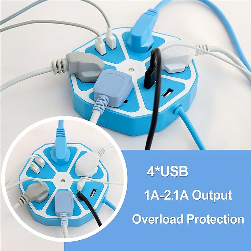 Extension box on desk charging phone, tablet, and other devices via USB and AC ports