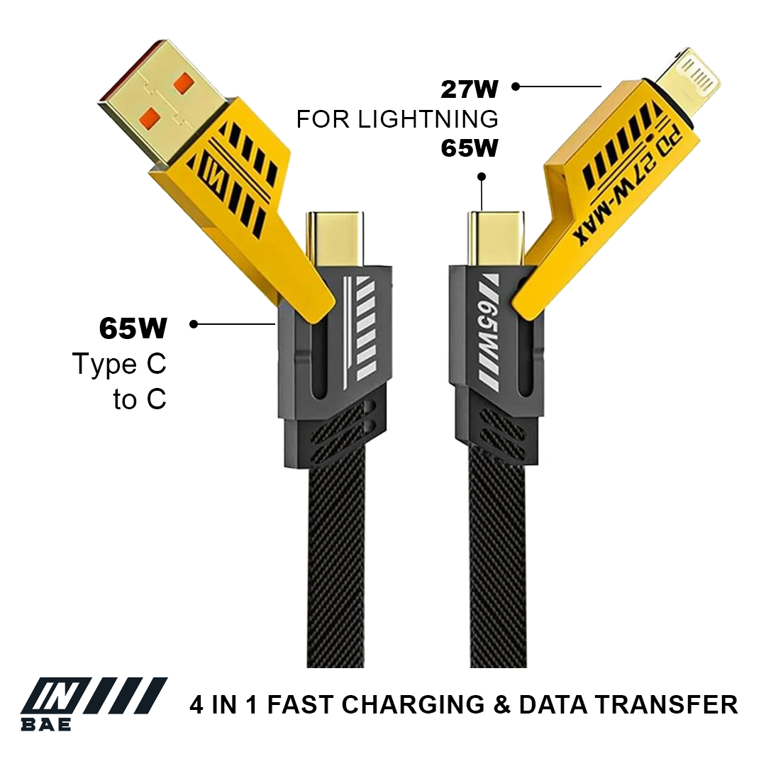 Fast Charging Cable 2025 Android 65Watts and Apple Devices 27 watts 1.2 Meter Yellow Black Showing Multiple Connectors INBAE GrunX in India