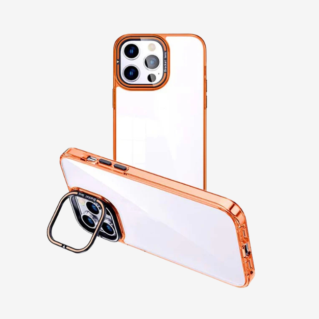 Lotus Airbag clear iPhone drop protection case with stylish Rose Gold bumper and integrated ring kickstand for hands-free vertical and horizontal viewing on iPhone 15 Pro Max.