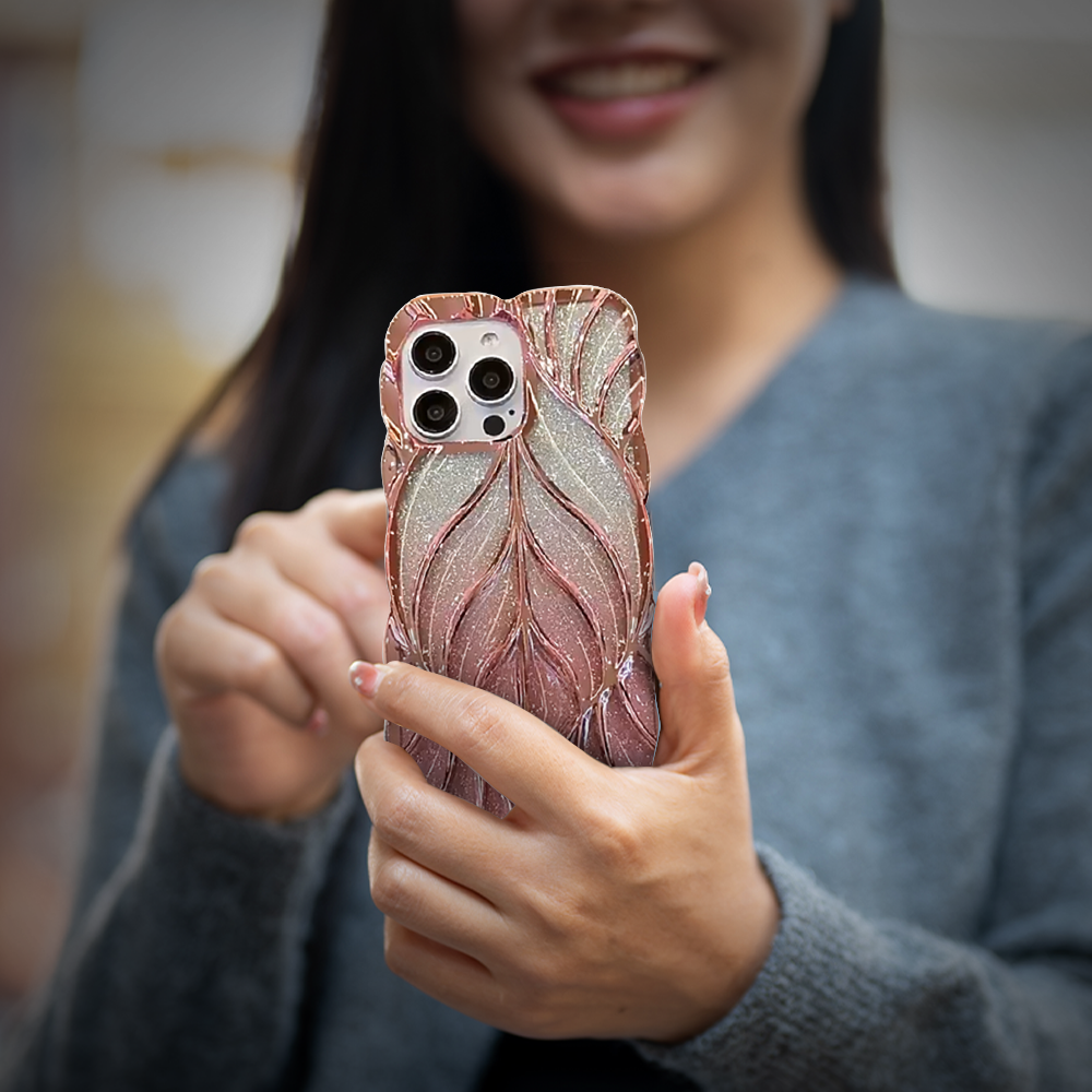 Case and Cover iPhone 15, 15 Pro Max,14, 14 Pro, 13, 13 Pro Shiny Pink Woman Showcasing Back View Lucy GrunX in India