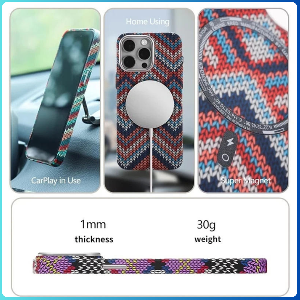Close-up of the Musk Night Light iPhone Cover, highlighting the distinctive colorful braided chevron texture and camera lens protection with magsafe on an orange background.