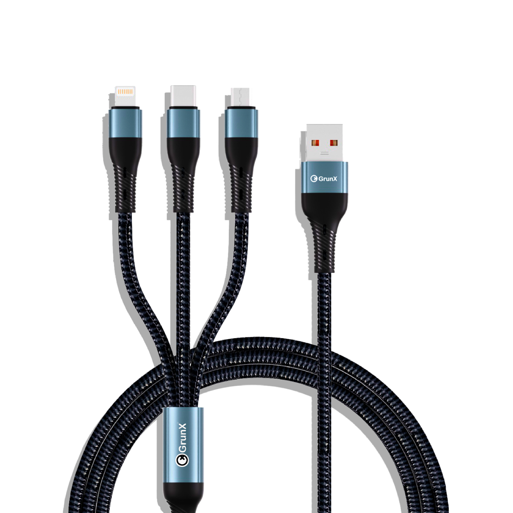 Charging Cable All Devices Android and Apple Devices 1.2 Meter Black and Blue 3-in-1 Braided Charging Cable Object GrunX in India