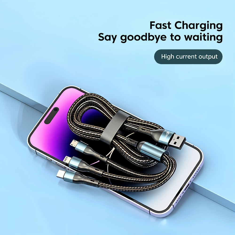Charging Cable All Devices Android and Apple Devices 1.2 Meter Black and Blue Cable Placed On Top Of Smartphone Object GrunX in India