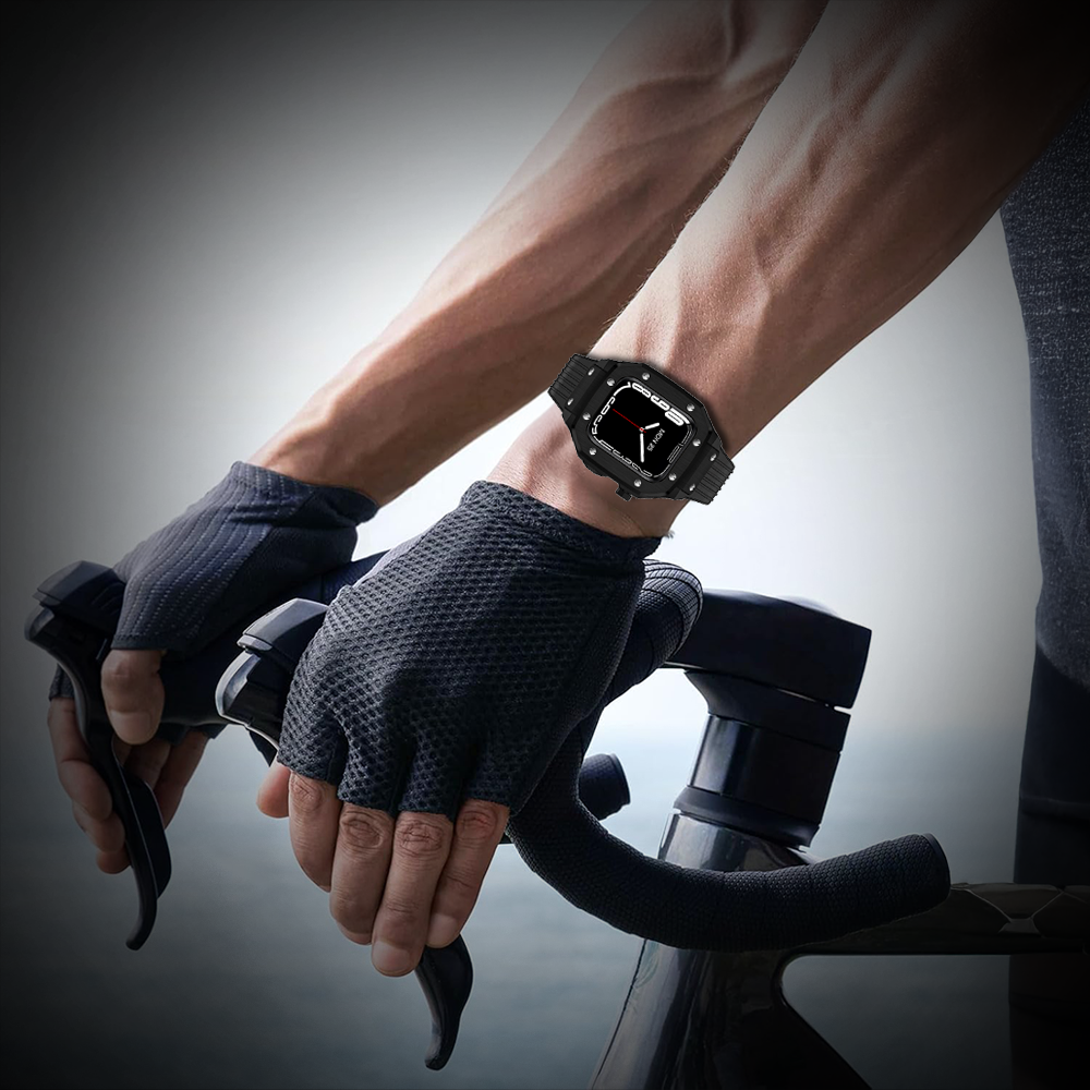 Watch Strap and Watch Band Apple Apple Watch Series 9, 8, 7, 6, 5, 4,SE,Ultra & Ultra 2 44/45mm Black Cyclist Wearing Smartwatch Panther GrunX in India
