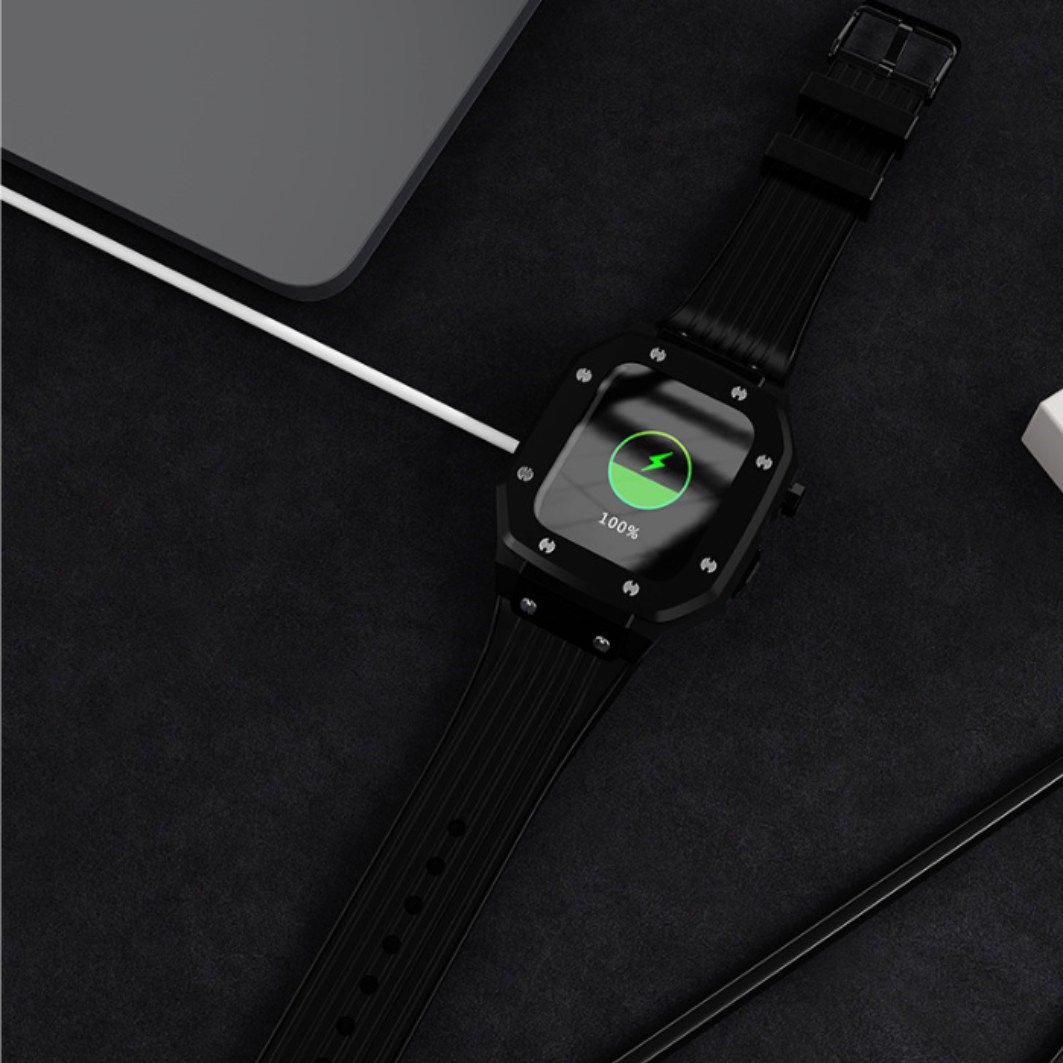 Watch Strap and Watch Band Apple Apple Watch Series 9, 8, 7, 6, 5, 4,SE,Ultra & Ultra 2 44/45mm Black Watch Screen Shows Green Battery Icon Panther GrunX in India