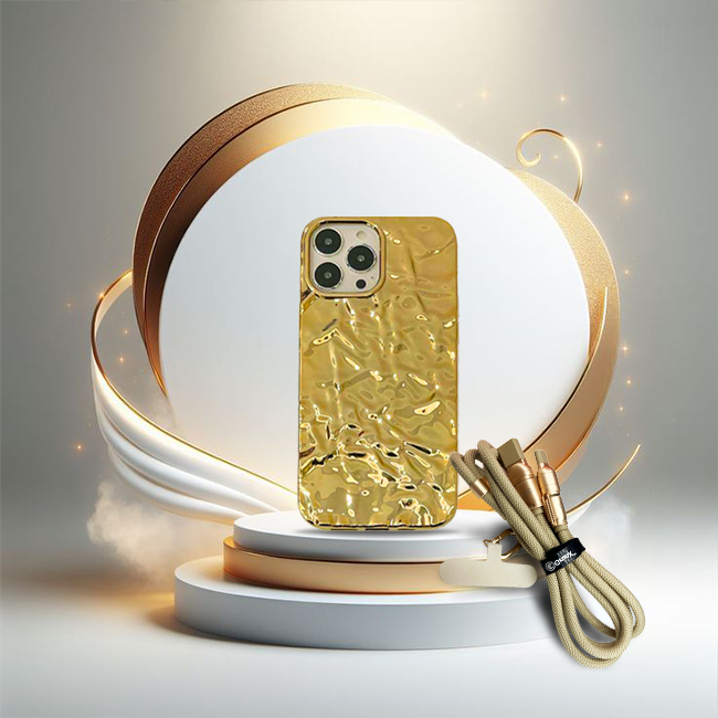 Party Goldies - Gold iPhone Case & Lanyard Charging Cable Gift Bundle