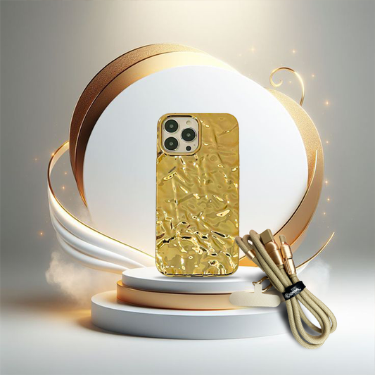 Party Goldies - Gold iPhone Case & Lanyard Charging Cable Gift Bundle