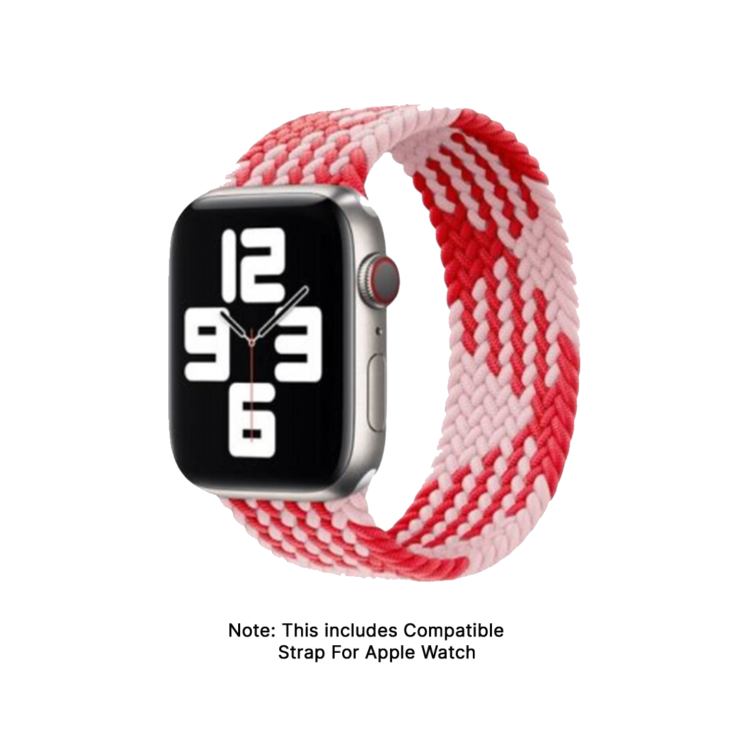 Watch Strap and Watch Band Apple Apple Watch Series 9, 8, 7, 6, 5, 4, 3, 2, 1,Se, Ultra & Ultra 2 38/40/41mm 42/44/45/49mm Pink Red Front View Smartwatch Braided Design With Woven Design Pinku GrunX in India