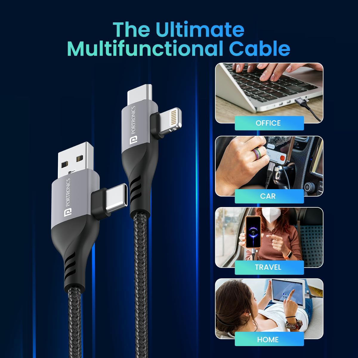 Portronics 4-in-1 multifunctional USB cable with USB-A, Type-C, and Lightning connectors for office, car, travel, and home use
