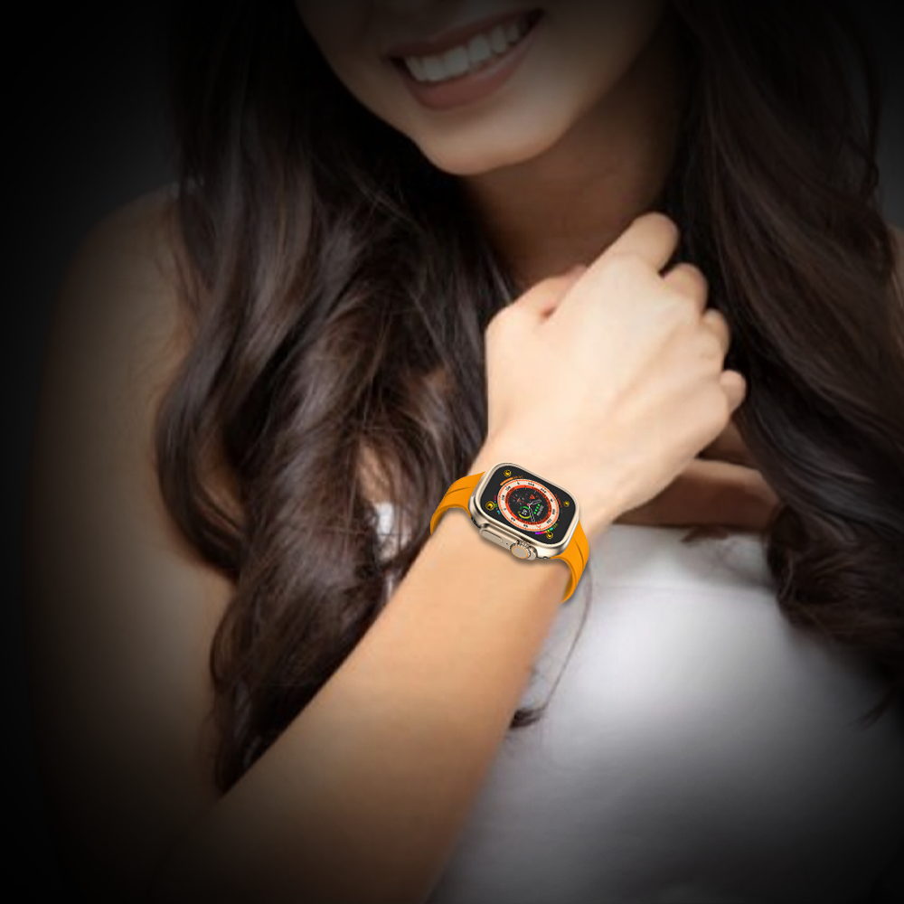 Watch Strap and Watch Band Apple Apple Watch Series 9, 8, 7, 6, 5, 4, 3, 2, 1,Se, Ultra & Ultra 2 38/40/41mm 42/44/45/49mm Yellow Woman Showcasing Smartwatch Prime GrunX in India