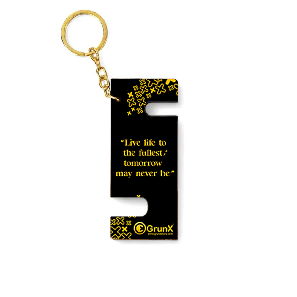 Mobile Stand and Keychain Smartphones Adjustable Black & Yellow Stand keychain with a motivational quote and a QR code Pushpa Grunx in India