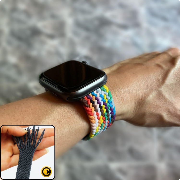 Watch Strap and Watch Band Apple Apple Watch Series 9, 8, 7, 6, 5, 4, 3, 2, 1,Se, Ultra & Ultra 2 38/40/41mm 42/44/45/49mm Multi Colour Close-up Look of a Wrist Wearing Apple Watch Braided Solo Loop Band Rainbow GrunX in India