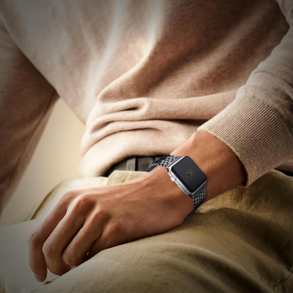 Watch Strap and Watch Band Apple Apple Watch Series 9, 8, 7, 6, 5, 4, 3, 2, 1,Ultra & Ultra 2 38/40/41mm 42/44/45/49mm Black Man Wearing Smartwatch Rebel GrunX in India