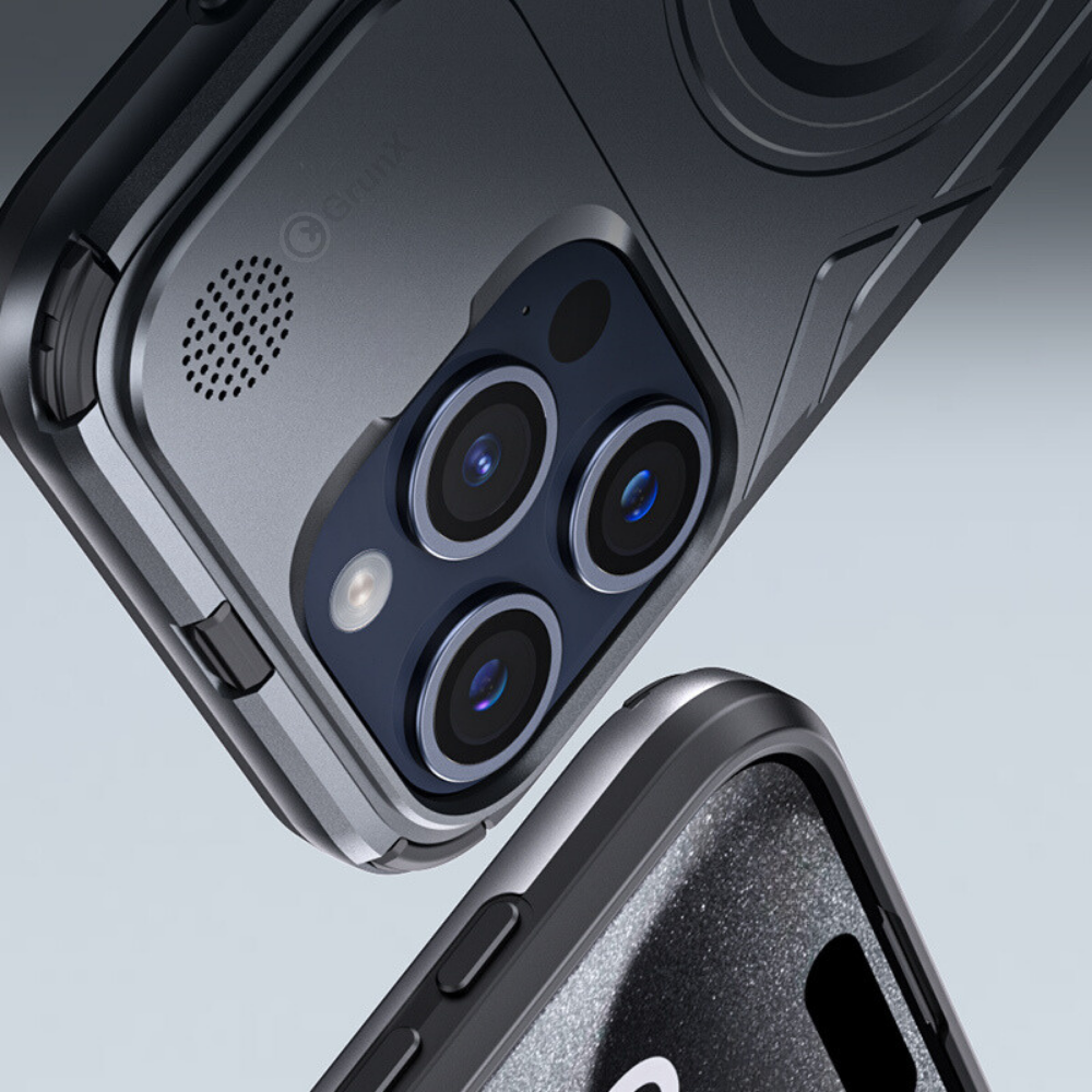 Case and Cover iPhone 15 Pro Max Gray Close-up of a Camera Protection Robot GrunX in India