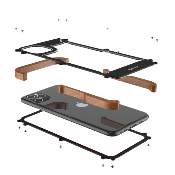 Case and Cover iPhone 14 Pro Max Black Metal Frame, Wooden Side Panels, and Multiple Screws, Showcasing its Assembly and Protective Design Rocket GrunX in India