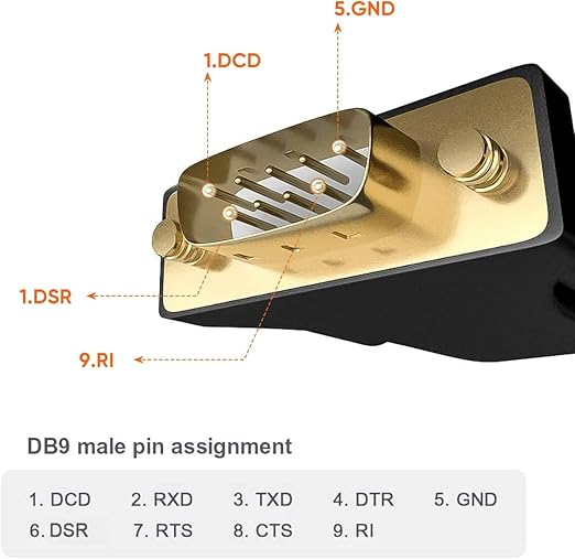USB to RS232 DB9 male adapter gold-plated pin assignment diagram showing DCD RXD TXD DTR GND DSR RTS CTS RI serial port connections