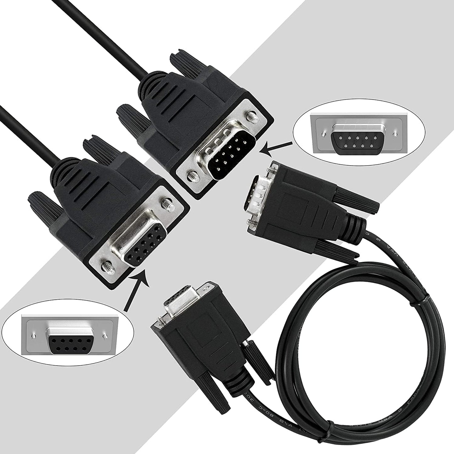 DB9 9-pin RS232 male to female serial cable connector close-up view