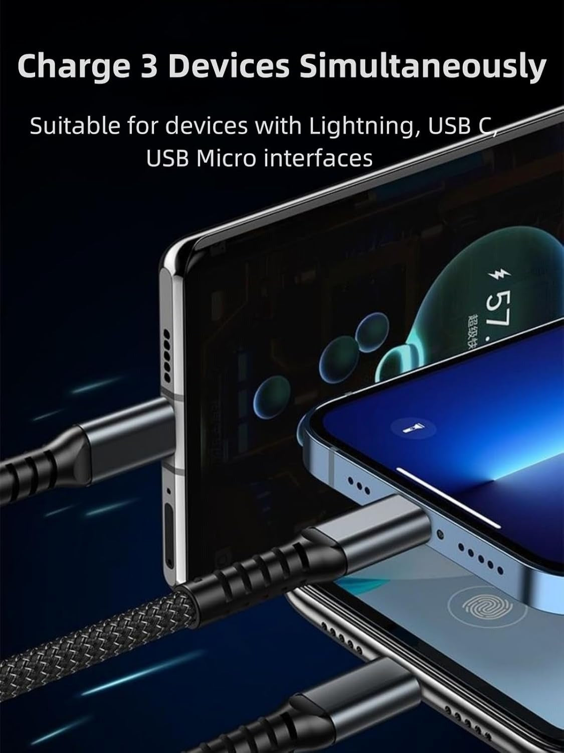 3-in-1 LED display charging cable for iPhone, Type-C and Micro USB devices, durable and tangle-free – available at GrunX