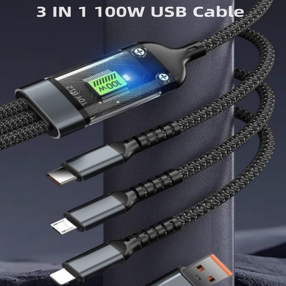 Universal 3-in-1 braided charging cable with LED power display for Android and iPhone – available at GrunX