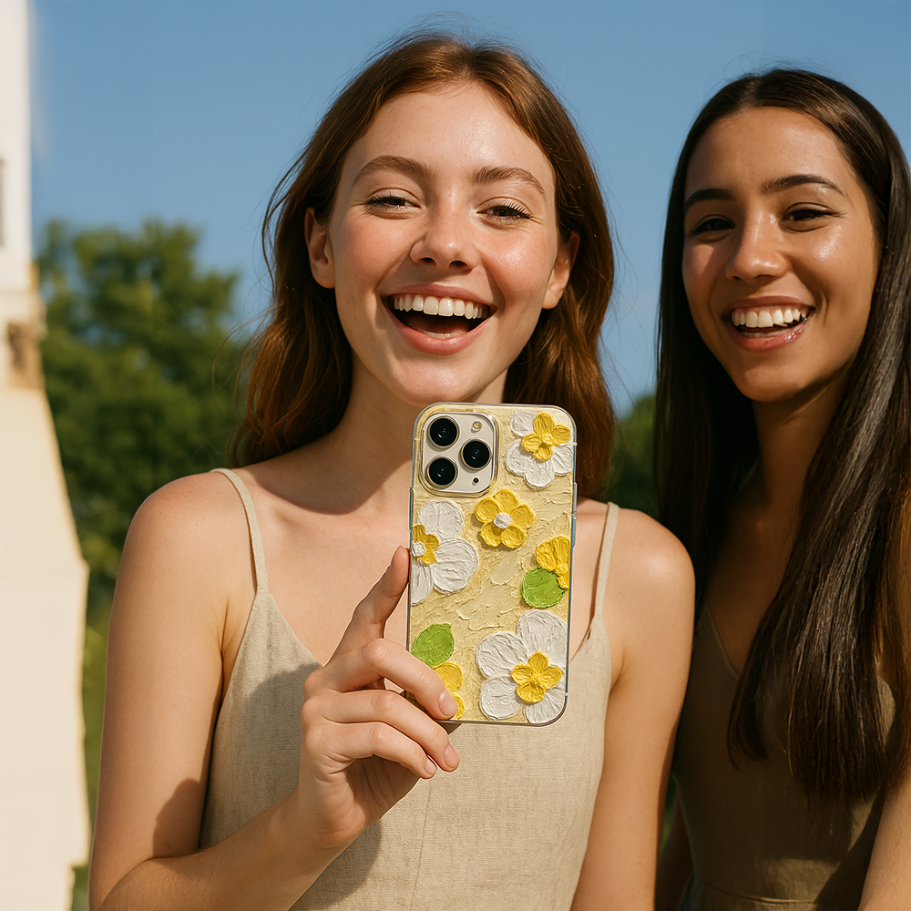 Case and Cover iPhone 13, 13 Plus, 13 Pro, 13 Pro Max  Yellow Girls Showing Back View with Smile Tulip GrunX in India