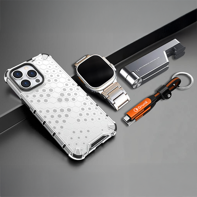 Essentials For Me - iPhone Shockproof Case + Titanium Apple Watch Strap + 6-in-1 Keychain Cable + Foldable Phone Stand | Ultimate 4-in-1 Tech Bundle