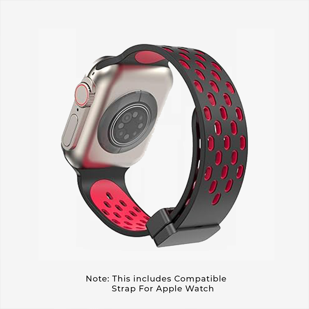 Watch Strap and Watch Band Apple Apple Watch Series 9, 8, 7, 6, 5, 4, 3, 2, 1,Se, Ultra & Ultra 2 38/40/41mm 42/44/45/49mm Rose Red & Black Front And SIde View Velvet GrunX in India