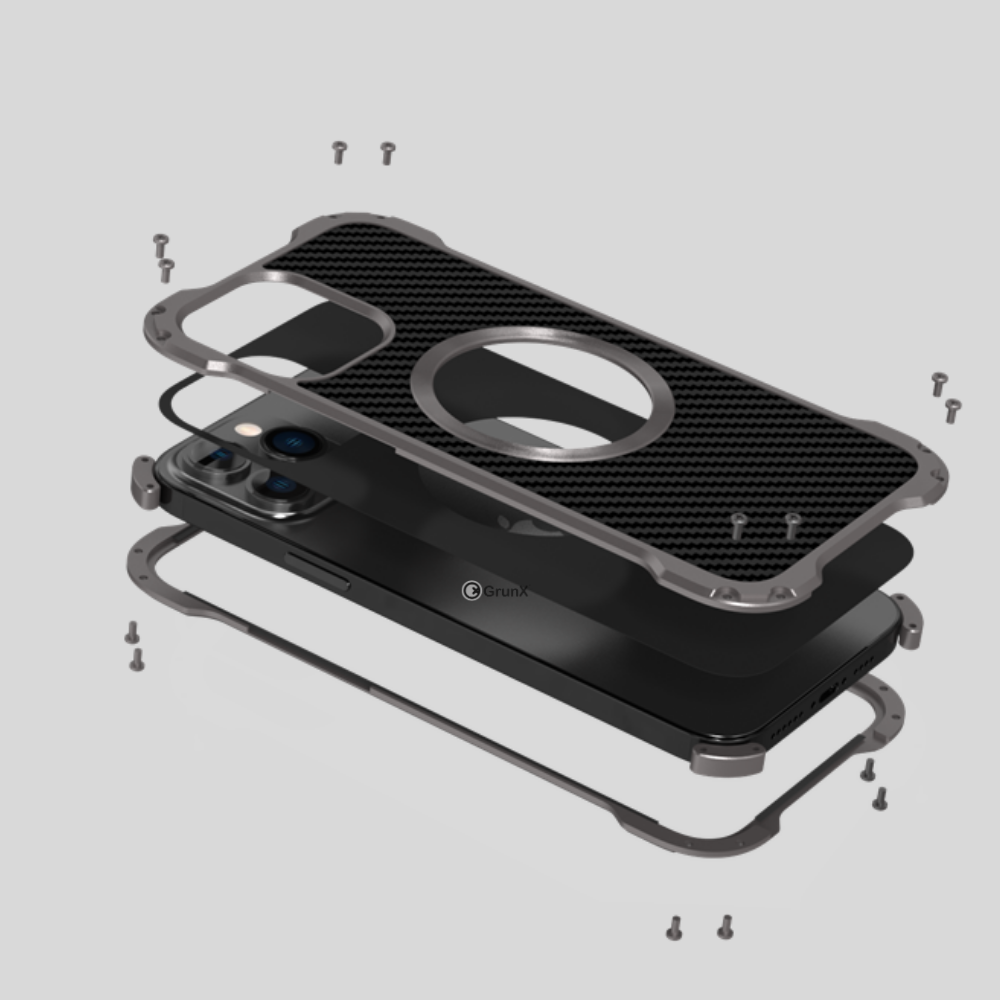 Detailed view of the premium carbon fiber backplane texture and protective aluminum alloy frame of the Xman iPhone case, emphasizing quality and camera safety.