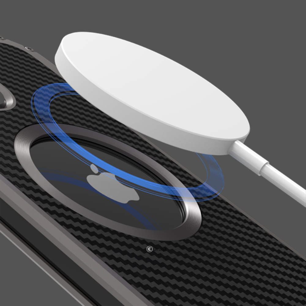 Xman Magnetic Carbon Fiber Case for iPhone 14 Pro Max, showcasing the MagSafe compatibility and anti-slip grip.