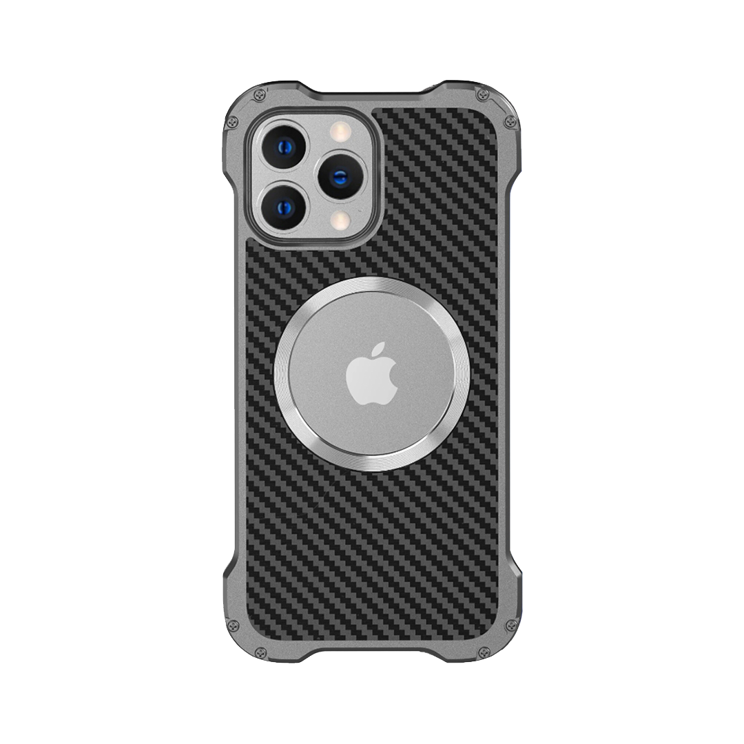 Xman Aluminum Alloy and Carbon Fiber Case for iPhone 15 Pro Max, showcasing the sleek, magnetic, and shockproof protective design.